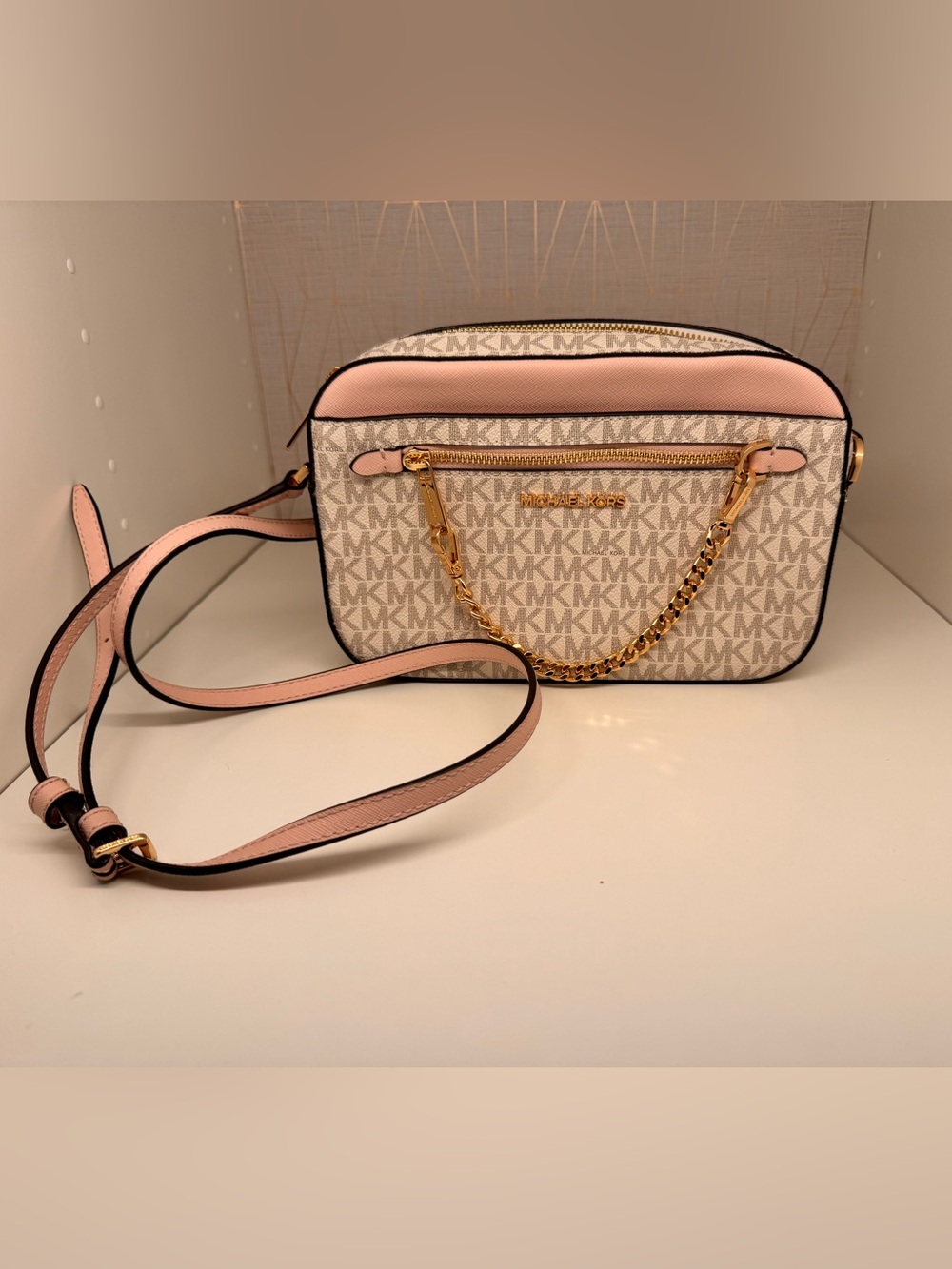Michael Kors Cream Logo Crossbody with Pink Trim and Gold Chain